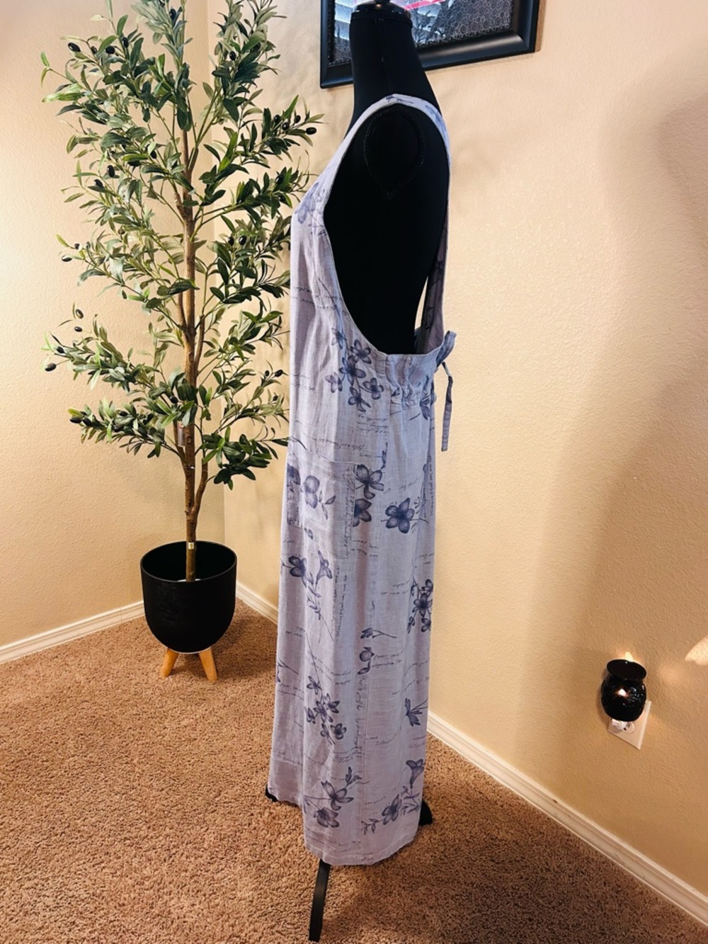 100% Linen Maxi Jumper Dress Light Blue Floral Scoop-Neck - Picture 3 of 9